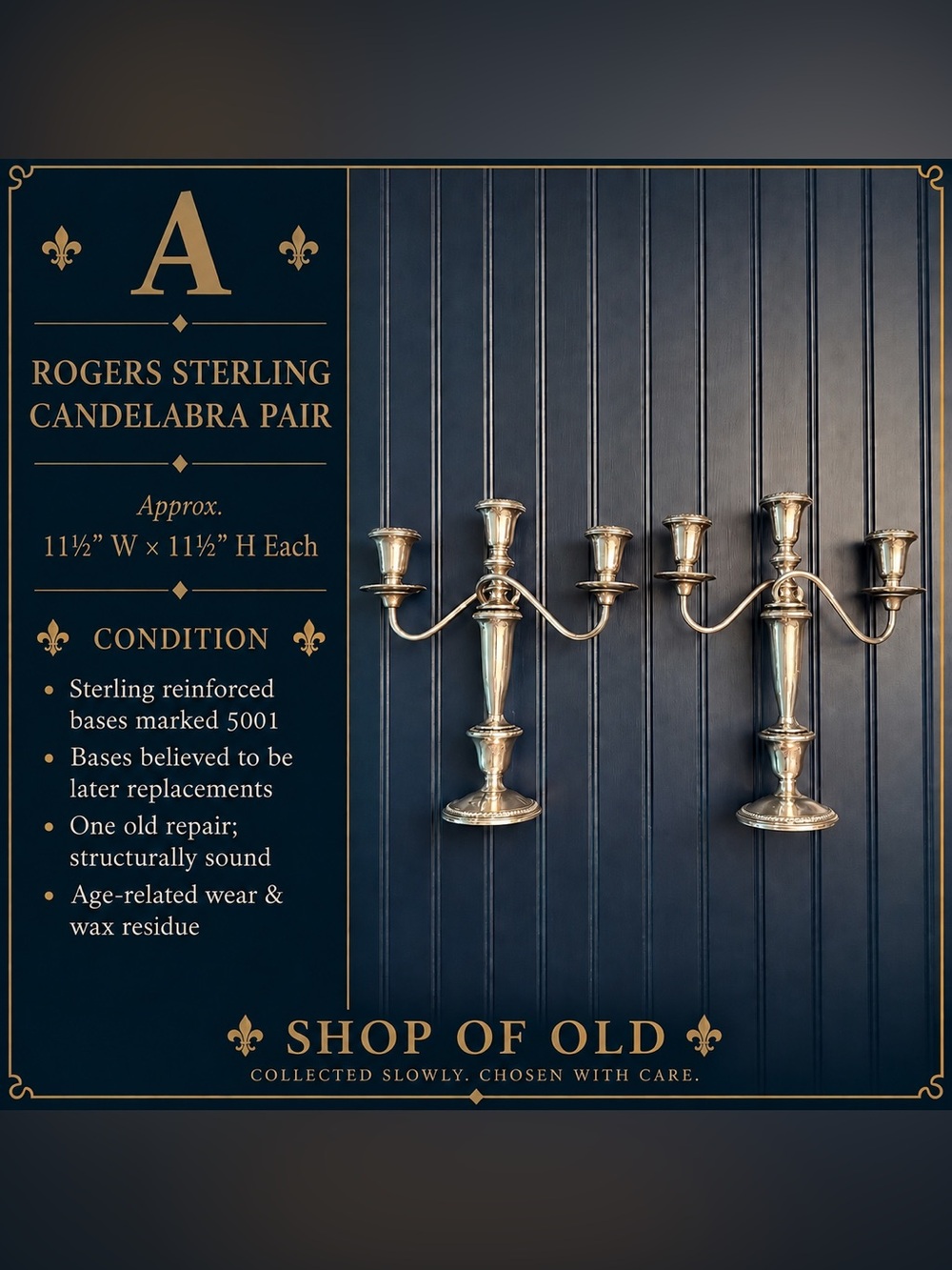 Vintage Rogers Three-Light Candelabra Pair with Sterling Reinforced Bases
